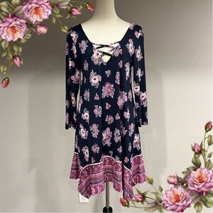 Long sleeve asymmetrical deep v-neck floral navy dress size M Medium